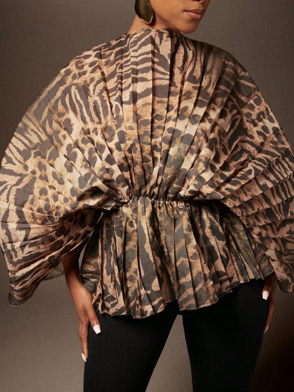 Multicolor Casual Women's Statement Sleeve Animal Print Pleated Peplum Top